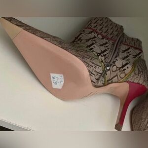 Designer-Inspired Beige Logo Ankle Boots with Pink Heel.